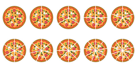 Fraction pizzas. Fraction for kids. Pizza slices. Fraction fun with pizza. vector illustration isolated on white background.