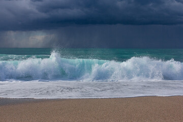 Big storm waves of Mediterranean sea on Alanya beach Turkey coast