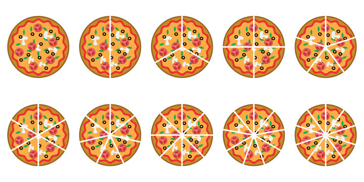 Fraction pizzas. Fraction for kids. Pizza slices. Fraction fun with pizza. vector illustration isolated on white background.
