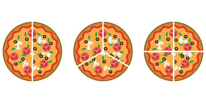 Fraction pizzas. Fraction for kids. Pizza slices. Fraction fun with pizza. vector illustration isolated on white background.
