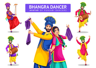 Vector illustration of a group of colorful Punjabi dancers with drummer. Happy Sikh couple, bearded man in turban dancing bhangra dance. Isolated cartoon characters on white background.