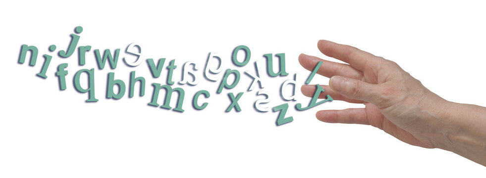 Dyslexic Chaos Alphabet with reversed letters - jumbled complete alphabet in green showing six white characters flipped depicting dyslexia isolated on a white background
