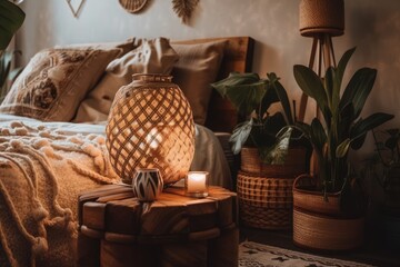 Fototapeta na wymiar Boho Scandinavian room with salt lamp on wooden bedside table and snake plant. Relaxing bohemian white bedroom. Clean air. Generative AI