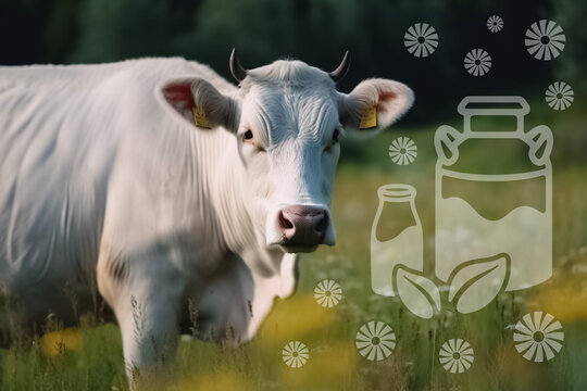 Cow grazes in a meadow, milk can and glass milk bottle, flowers, illustration. Generative AI. Livestock, cattle breeding, animal and pet, dairy and milk, image