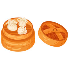 Chinese Jiaozi - Chinese Jiaozi Dumplings in a bamboo steamer flat vector design illustration, clipart cartoon style. Asian food. Chinese cuisine. Chinese food.