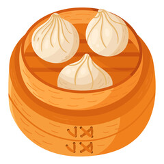 Chinese Xiaolongbao - Chinese Soup Dumplings in a bamboo steamer vector design illustration, clipart cartoon style. Asian food. Chinese cuisine. Chinese food.