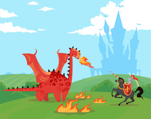Knight Rider fights huge dragon near castle of ancient kingdom. Warrior in armor with sword, fire-breathing creature. Fairy tale scene. Cute cartoon isolated illustration. Vector concept