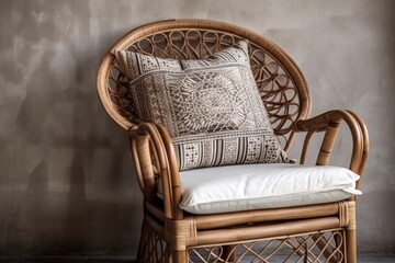 Rattan chair white cushion closeup. Cozy bohemian living room. Antique wooden armchair with oriental ornate cushion against copied space wall. Generative AI
