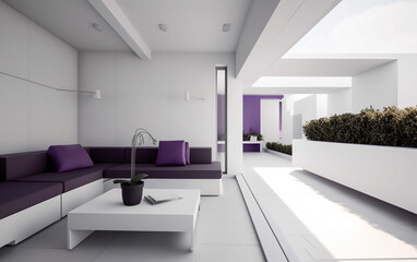 Futuristic living room with purple accents and clean, geometric lines offering a sleek and modern ambiance.
