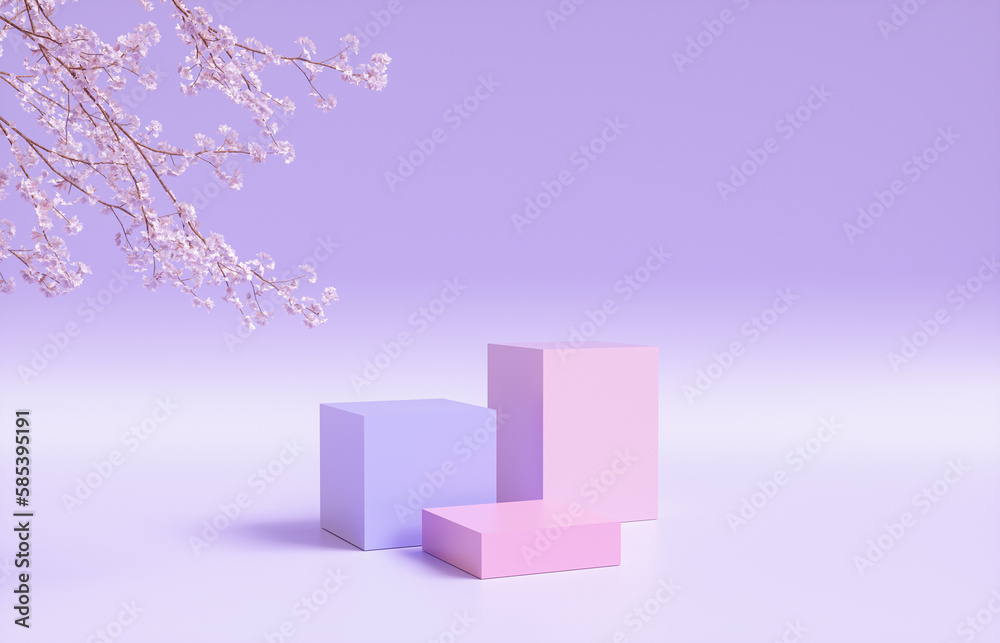 Poster natural beauty podium backdrop with spring sakura cherry blossom tree branch. 3d rendering.