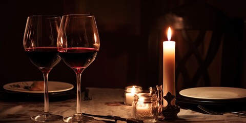 Romantic dinner table with red wine glasses and candles. Generative AI