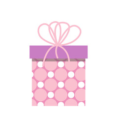 Pink gift box with polka dots with pink bow. Flat, vector