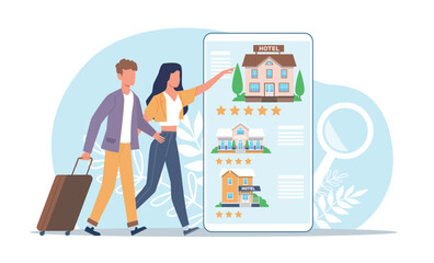 Online booking, couple of tourists with luggage, choose hotels to book. Huge smartphone, reservation app, travel and vacation application, cartoon flat illustration. Vector concept