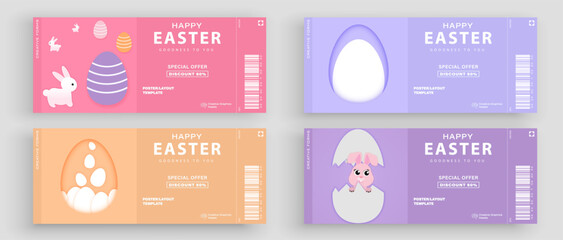 Naklejka premium Set of Easter ticket. Easter background with eggs and rabbit. Vector illustration for poster, greeting cards, booklets, promotional materials, website