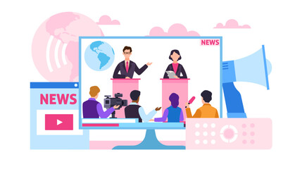 Online political news broadcasts, politicians speaking in public presenting their speech. Debates or interview translation. Virtual performance cartoon flat isolated illustration. Vector concept