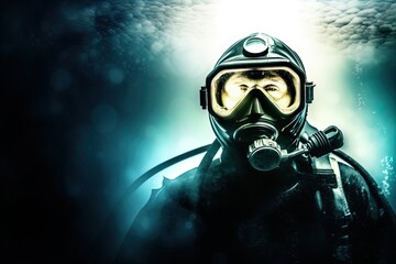 Deep sea diver. Underwater scene. Scuba. Pressure suit. 