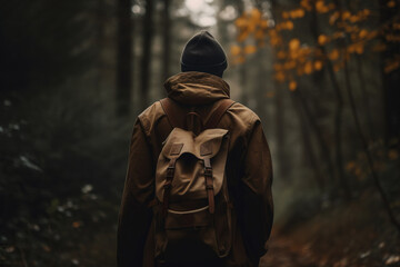 Obraz premium Travel, active lifestyle, tourism, trip concept. Rear view of man in hat, jacket and with backpack in forest, traveler tourist on hike in nature. Generative AI