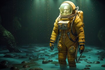 Fototapeta premium Deep sea diver. Underwater scene. Scuba. Pressure suit. 