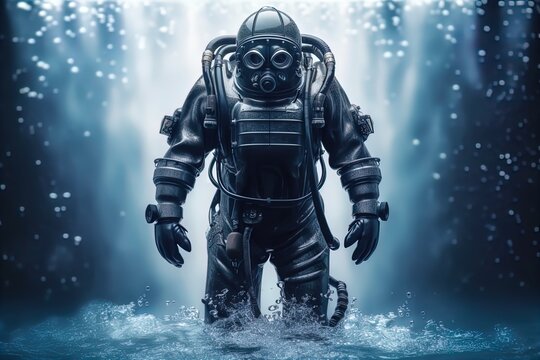 Deep sea diver. Underwater scene. Scuba. Pressure suit. 