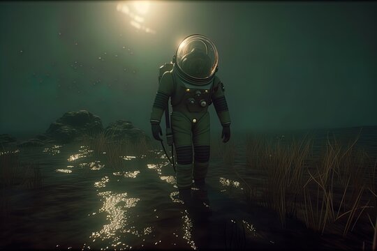 Deep sea diver. Underwater scene. Scuba. Pressure suit. 
