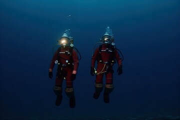 Naklejka premium Deep sea diver. Underwater scene. Scuba. Pressure suit. 