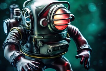 Deep sea diver. Underwater scene. Scuba. Pressure suit. 