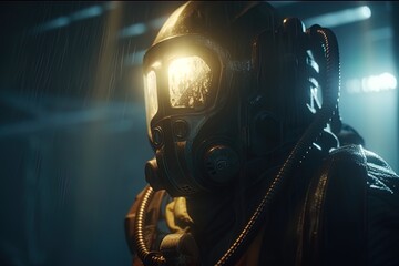 Deep sea diver. Underwater scene. Scuba. Pressure suit. 