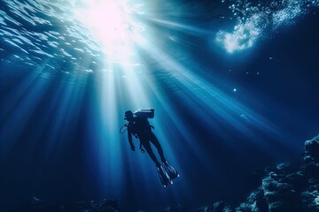 Obraz na płótnie Canvas Deep sea diver. Underwater scene. Scuba. Pressure suit. 