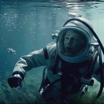 Deep sea diver. Underwater scene. Scuba. Pressure suit. 