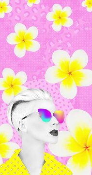 Modern loop collage animation.  Fashion lady on motion creative background. Vertical 4k video