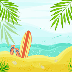 Fototapeta na wymiar Beach, seashore. There is a surfboard in the sand, flip-flops. Vector background, template for design