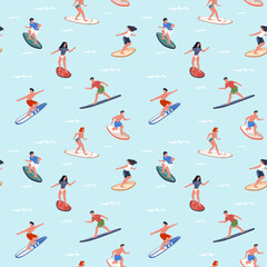 Surfers seamless pattern. Happy people surf waves on boards trendy print, extreme marine hobby, cartoon athletes catch wave, Decor textile, wrapping paper, wallpaper. Nowaday vector background