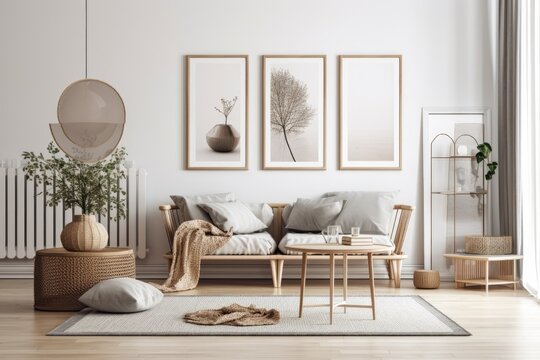 Scandinavian style living room with two mock up posters. Generative AI