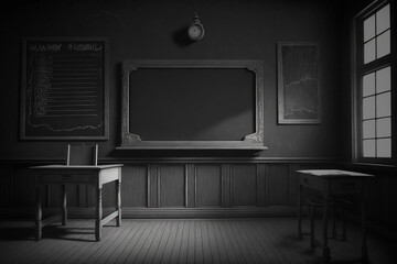 Blackboard in an empty classroom. Back to school Generative AI. 