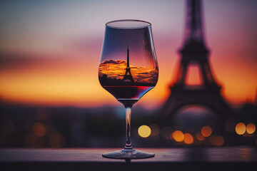 Glass of wine on a table with the Eiffel tower at sunset. Generative AI. 
