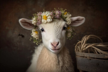 Generative AI of a cute baby goat with flower crown. 