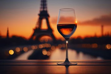 Foto op Canvas Glass of wine on a table with the Eiffel tower at sunset. Generative AI.  © belyaaa