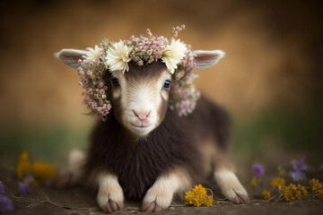 Generative AI of a cute baby goat with flower crown. 