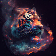 Tiger from Galaxies spirals space nebula stars smoke. AI render