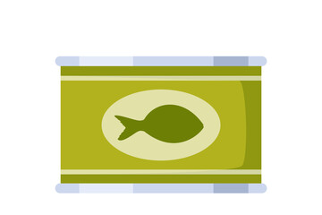 Canned fish. Pack of tinned tuna, conserved sea food. Seafood preserved in metal container. Product in round jar with closed lid. Vector.