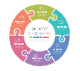 Circle infographics elements design with numbers 6 option, can be used for workflow layout, diagram.