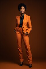 Women in a business suit standing on orange background with copy space for text. Black history month, Women’s history month banner Generative ai	