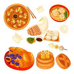 Chinese food set menu isolated on white background illustration vector. (Spring Rolls, Dim Sum, Wonton, Chow Mein, Sweet and Sour Chicken, Peking Duck).