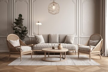 Gray bohemian sofa and armchair. Generative AI