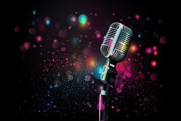 Bright music poster with microphone of glitter place for text. Vector illustration, Generative AI