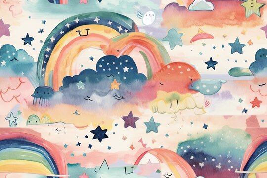 Fototapeta Boho kids' seamless pattern. Rainbows, stars, and hearts. Wallpaper, textile, print, packaging, baby room, and infant design. Generative AI