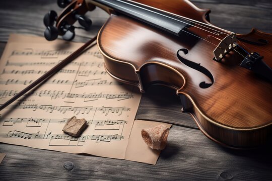 Classic retro violin music string instrumt with old music note sheet paper old oak wood wooden background. classical musical romantic valentines day concept. , Generative AI