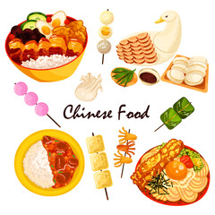 Chinese food set menu isolated on white background illustration vector. (Spring Rolls, Dim Sum, Wonton, Chow Mein, Sweet and Sour Chicken, Peking Duck).