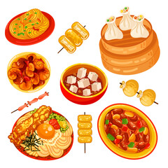 Chinese food set menu isolated on white background illustration vector. (Spring Rolls, Dim Sum, Wonton, Chow Mein, Sweet and Sour Chicken, Peking Duck).