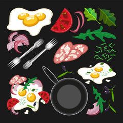 Set of vector images. Fried eggs in different interpretations, tomatoes, onions, lettuce, olives, greens, non-stick pan, cutlery and more. Elements for gastronomic compositions